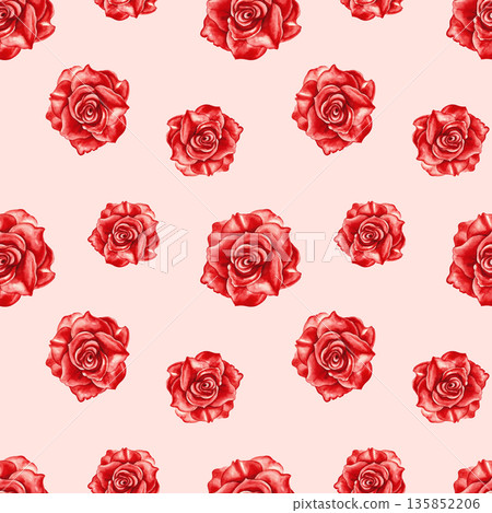 Seamless pattern with red roses. Hand-drawn watercolor illustration. Beautiful red roses on a pink background. Perfect for textiles, wrapping paper, wallpaper, web design, packaging, and more. 135852206