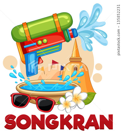 Colorful Songkran Festival Vector Illustration with Water Gun and Pagoda 135852231