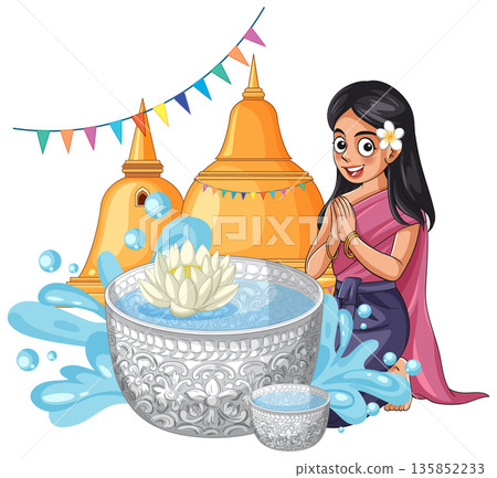 Thai Woman Celebrating Songkran Festival with Water Bowl and Temple Background 135852233