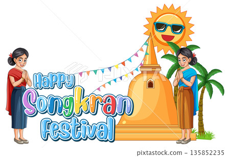 Happy Songkran Festival Vector Illustration with Thai Women and Pagoda 135852235
