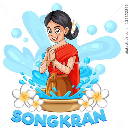 Thai Woman in Traditional Dress Celebrating Songkran Festival with Water Splash 135852236