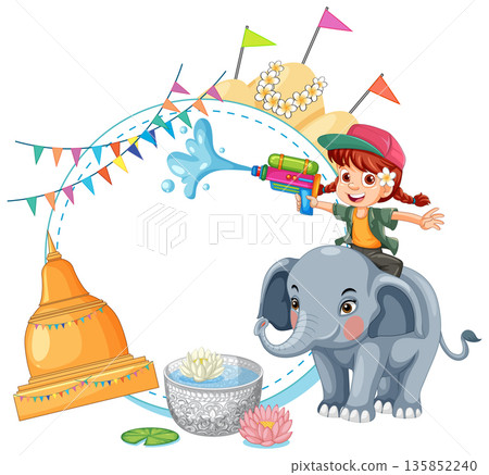 Girl Riding Elephant and Playing with Water Gun for Songkran Festival 135852240