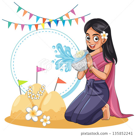 Thai Woman Splashing Water During Songkran Festival Celebration Vector Illustration 135852241