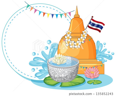 Thai Songkran Festival Illustration with Golden Pagoda and Water Bowl 135852243