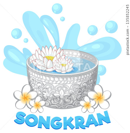 Traditional Songkran Festival Silver Water Bowl with Lotus and Frangipani Flowers 135852245