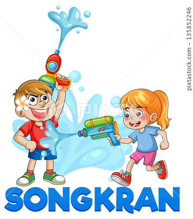 Children Playing with Water Guns During Songkran Festival Celebration Illustration 135852246