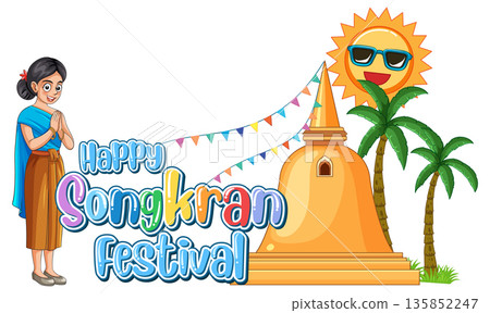 Happy Songkran Festival Vector Illustration with Thai Woman and Pagoda 135852247