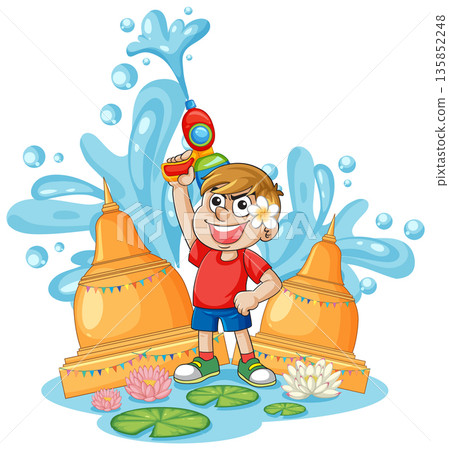 Cartoon Boy Celebrating Songkran Festival with Water Gun and Golden Pagodas 135852248