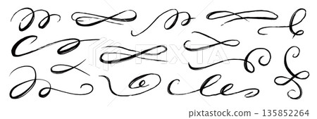 Flourish hand drawn swash line set. Flourish line calligraphy hand drawn pen ink brush thin stroke curve..Elegant vintage doodle swirl scroll underline text decoration design. Vector Flourish hand drawn swash line set. Flourish line calligraphy hand drawn pen ink brush thin stroke curve..Elegant vintage doodle swirl scroll underline text decoration design. Vector 135852264