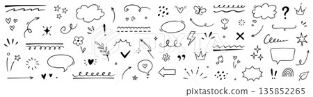 Hand drawn line heart, star, arrow element set. Line doodle sketch style cute heart, star sparkle, flower hand drawn brush pencil stroke. Arrow, emphasis surprise, cloud frames. Vector 135852265