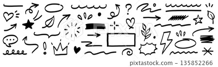 Marker line brush arrow, underline, highlight scribble set. Marker pen line brush hand drawn arrow stroke sketch element shape graphic vector. Doodle underline circle frame icons. Vector Marker line brush arrow, underline, highlight scribble set. Marker pen line brush hand drawn arrow stroke sketch element shape graphic vector. Doodle underline circle frame icons. Vector 135852266