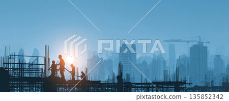 Tropical island resort with overwater bungalows surrounded by clear turquoise ocean and coral reefs, offering peaceful and scenic vacation spot 135852342