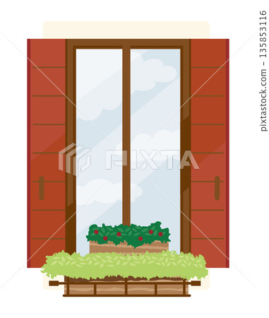 Illustration of a sunny window with white clouds reflected 135853116