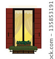 Illustration of a window with quiet night and warm indoor lighting 135853191