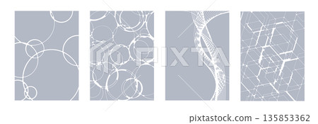 Set of 4 abstract backgrounds inspired by water surfaces and ink pools. Geometric patterns and gray modern textures. 135853362