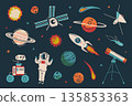 Retro cartoon space set on dark background with playful cosmic elements and vintage mood. Flat vector illustration for education, kids design, games, decor and astronomy themed projects 135853363