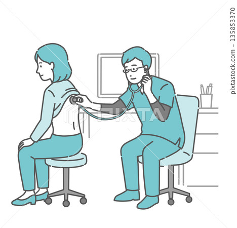 Illustration of a male doctor wearing a scrub auscultating a woman's back 135853370
