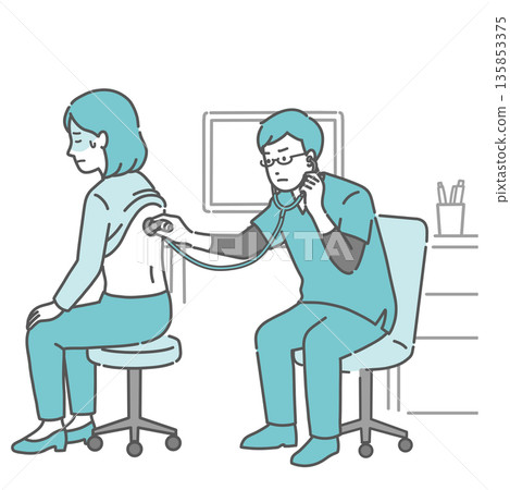 Illustration of a woman with a cold sweat receiving a stethoscope on her back and a male doctor in a scrub with a serious expression Illustration of a woman with a cold sweat receiving a stethoscope on her back and a male doctor in a scrub with a serious expression 135853375