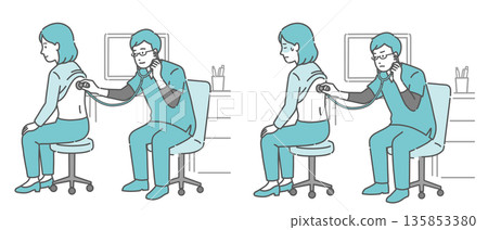 Illustration set of a male doctor wearing a scrub examining a woman's back (normal, abnormal, unwell) 135853380