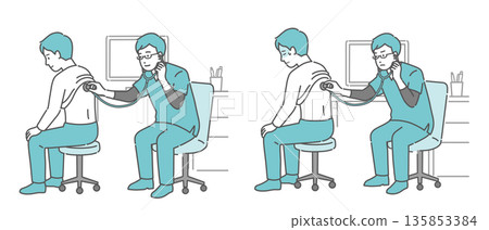 Illustration set of auscultation of a man's back by a male doctor wearing a scrub (normal, abnormal, unwell) Illustration set of auscultation of a man's back by a male doctor wearing a scrub (normal, abnormal, unwell) 135853384