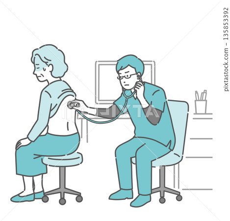 Illustration of a sweaty elderly woman receiving a stethoscope on her back and a male doctor in a scrub with a serious expression 135853392