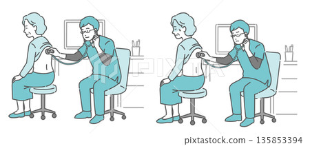 一組插圖,描繪了一位身穿手術服的男醫生為一位老年婦女聽診背部(正常、異常、健康狀況不佳) 一組插圖,描繪了一位身穿手術服的男醫生為一位老年婦女聽診背部(正常、異常、健康狀況不佳) 135853394