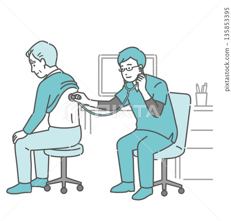 Illustration of a male doctor wearing a scrub auscultating an elderly man's back 135853395