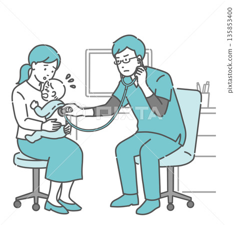 Illustration of a male doctor wearing a scrub listening to the back of a crying baby Illustration of a male doctor wearing a scrub listening to the back of a crying baby 135853400