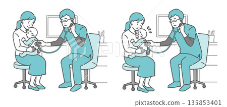 Illustration set of a male doctor wearing a scrub auscultating a baby's back (smiling and crying) Illustration set of a male doctor wearing a scrub auscultating a baby's back (smiling and crying) 135853401