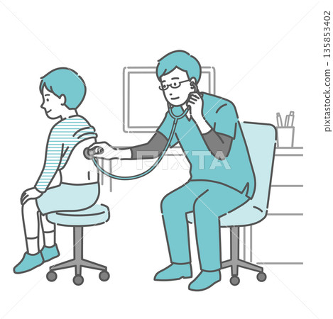 Illustration of a male doctor wearing a scrub listening to a boy's back 135853402