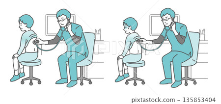 一組插圖，描繪了一位身穿手術服的男醫生正在檢查一個男孩的背部（正常、異常、生病）。 135853404