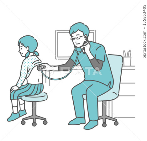 Illustration of a male doctor wearing a scrub auscultating a girl's back 135853405