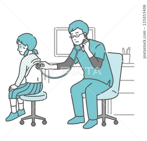 Illustration of a girl with a cold sweat receiving a stethoscope on her back and a male doctor in a scrub with a serious expression 135853406