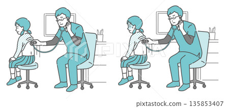 Illustration set of a male doctor wearing a scrub examining a girl's back (normal, abnormal, unwell) Illustration set of a male doctor wearing a scrub examining a girl's back (normal, abnormal, unwell) 135853407