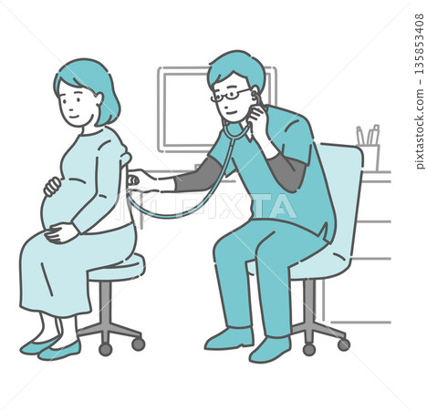 Illustration of a male doctor wearing a scrub listening to a pregnant woman's back Illustration of a male doctor wearing a scrub listening to a pregnant woman's back 135853408