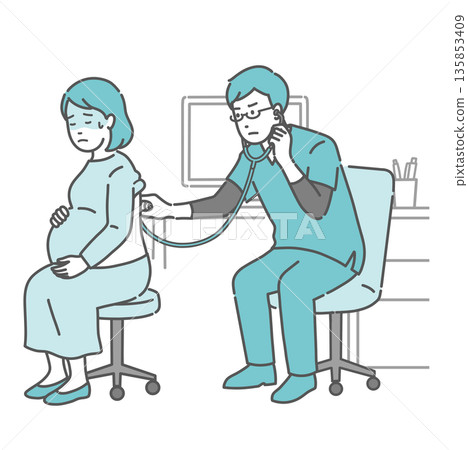 插圖描繪了一位孕婦冷汗涔涔地接受背聽診，一位身穿手術服、表情嚴肅的男醫生正在給她聽診。 135853409
