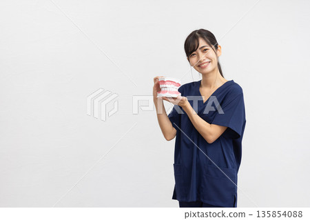 A young woman wearing navy blue medical scrubs smiling while holding a dental model in front of a white background A young woman wearing navy blue medical scrubs smiling while holding a dental model in front of a white background 135854088