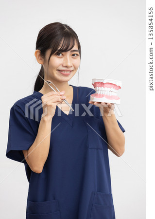 A young woman wearing navy blue scrubs smiling while holding a dental model and dental instruments in front of a white background A young woman wearing navy blue scrubs smiling while holding a dental model and dental instruments in front of a white background 135854156