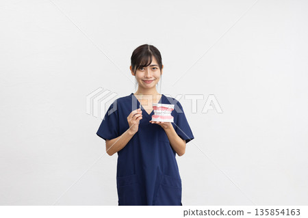 一位身穿藏藍色手術服的年輕女子麵帶微笑,手持牙科模型和牙科器械,站在白色背景前。 一位身穿藏藍色手術服的年輕女子麵帶微笑,手持牙科模型和牙科器械,站在白色背景前。 135854163