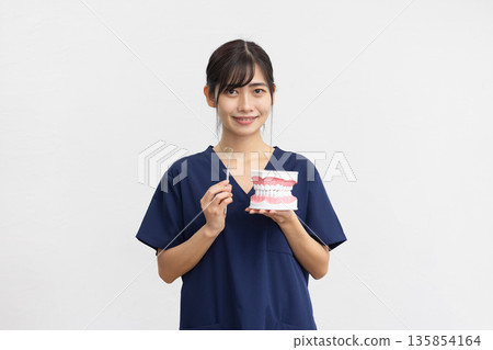 A young woman wearing navy blue scrubs smiling while holding a dental model and dental instruments in front of a white background A young woman wearing navy blue scrubs smiling while holding a dental model and dental instruments in front of a white background 135854164