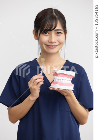 一位身穿藏藍色手術服的年輕女子麵帶微笑,手持牙科模型和牙科器械,站在白色背景前。 一位身穿藏藍色手術服的年輕女子麵帶微笑,手持牙科模型和牙科器械,站在白色背景前。 135854165
