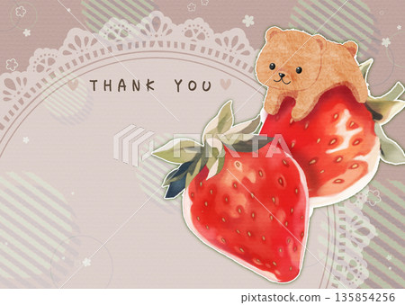 一張明信片，上面畫著可愛的草莓和小熊插圖。 135854256