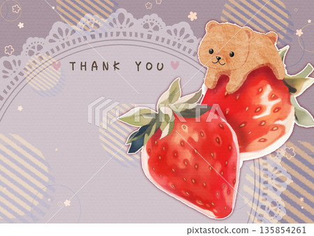 A postcard with a cute illustration of strawberries and a bear 135854261