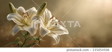 White lilies wrapped in gentle light | Beige tone background 135854506