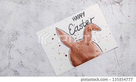 EASTER bunny painting Sustainable preparation Diy process of making handmade greeting cards. Step by step activity for children. Inclusive and responsible stress relief holiday hobby 135854777