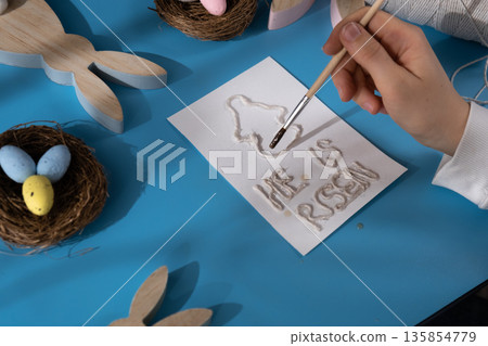 Painting Easter angel CHRIST IS RISEN phrase Gift Easter idea. Do it yourself instruction postcard eco-friendly decoration. Making handmade art presents children's diy projects. Spring holiday family 135854779