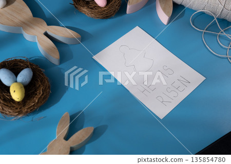 EASTER angel painting with phrase HE IS RISEN Sustainable preparation Diy process of making handmade greeting cards. Step by step activity for children. Inclusive and responsible stress relief holiday 135854780