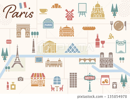 Cute illustrated map of Paris Cute illustrated map of Paris 135854978
