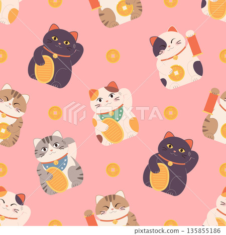 Seamless pattern of Japanese lucky Maneki neko cats. 135855186