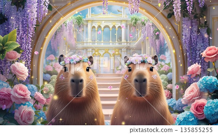 戴著花冠的水豚和夢幻宮殿的台階 135855255